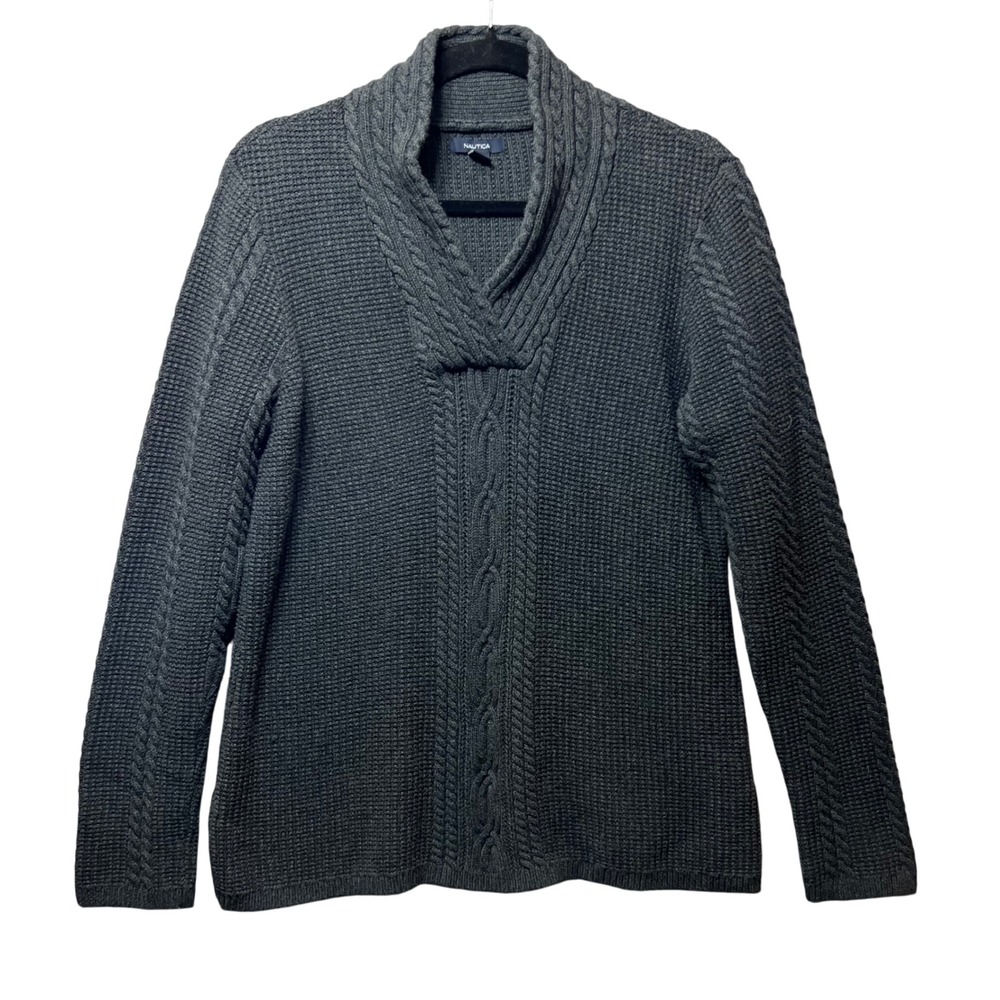 Nautica Shawl Collar Cardigan Sweater Cable Knit Long Sleeve Gray‎ XL